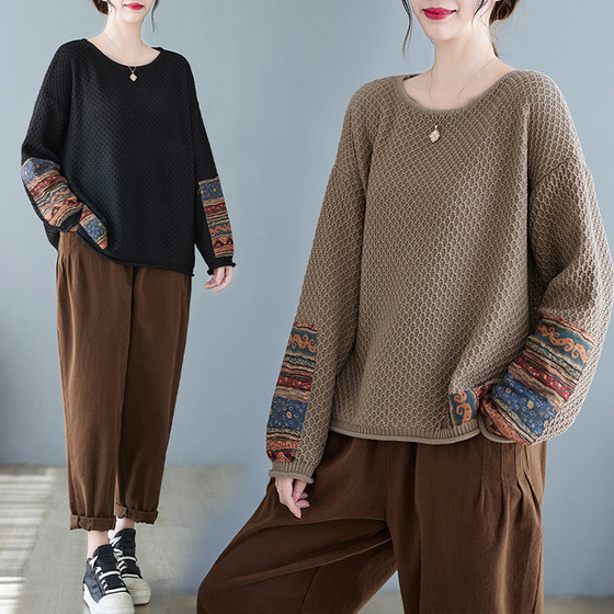 Retro national wind sticker cloth cotton wire sweater female autumn and winter large size loose, lazy falling shoulder round neckline knit sweater