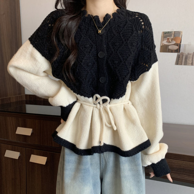 Large size sweet hollow stitching contrasting sweater coat women's autumn and winter niche chic lace-up waist knitted cardigan trendy