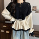Large size sweet hollow stitching contrasting sweater coat women's autumn and winter niche chic lace-up waist knitted cardigan trendy