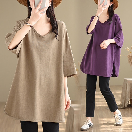 
Lazy style mid-length V-neck five-point sleeve T-shirt for women in summer large size fat mm slim and loose versatile butt top