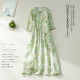 2024 summer new retro slanted placket v-neck skirt for women mid-length cotton and linen printed 7-quarter sleeve dress
