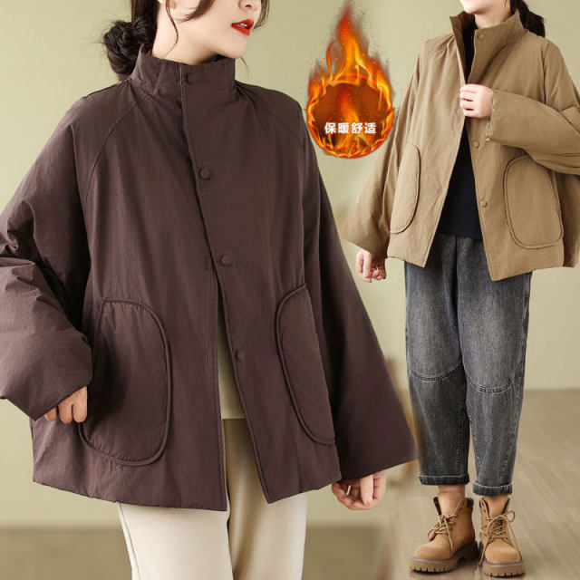 Xiaofei's home ~ Large size cotton jacket for women's new long velvet cotton stand collar thickened loose slimming casual cotton jacket for winter
