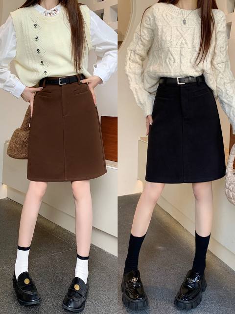 Autumn and winter khaki woolen skirt plus size high-waisted a-line mid-length skirt slimming versatile short skirt one-step hip-covering skirt