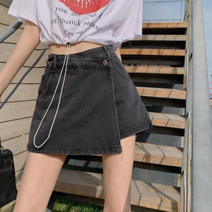 
Large size high waist irregular denim skirt fat mm slim skirt design black short skirt A-line wide-leg skirt pants