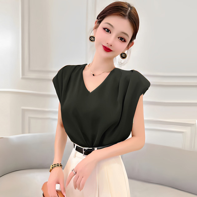 Design-slim solid color V-neck acetate satin shirt women's sleeveless vest vest vest temperament shirt top