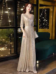 French-Style Golden Evening Dress for Women, High-End, Light Luxury, Niche, Banquet, Elegant, Classy Adult Birthday Host Dress