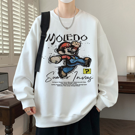 
Spring and Autumn plus velvet round neck sweatshirt for men loose heavy teenagers cartoon printed couple student hatless top