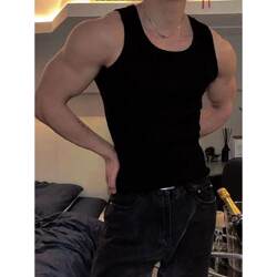 Men's Summer Ribbed Fitness Elastic Sports Slim-Fit Breathable Sweat-Absorbing Muscle-Enhancing Ice Silk Black Tank Top
