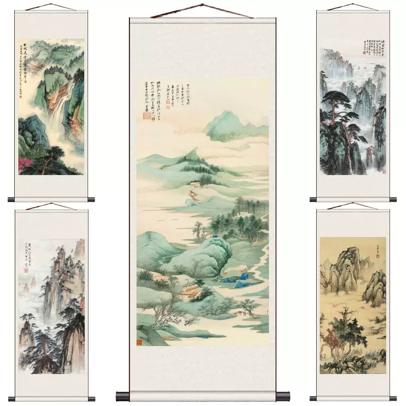 張大千山水畫仙境山水卷軸掛飾品教室掛畫玄關裝飾掛軸送客戶- Taobao