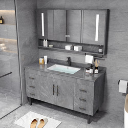 Light Luxury Solid Wood Bathroom Cabinet Set with Floor-Standing Rock Slab Washbasin, Washstand, Wash Basin, and Smart Mirror Cabinet for the Bathroom
