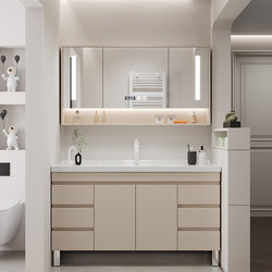 Milk Tea Color Bathroom Cabinet Set with Integrated Ceramic Basin for Toilet, Washbasin, and Vanity