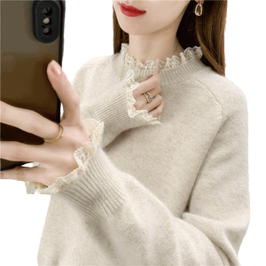 
2025 early spring new round neck lace splicing sweater autumn and winter sweater with bottoming shirt tops women's fashion