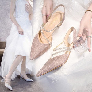 Fashion sandals female 2022 summer new rhinestone high heel pointed heels, women's shoes crystal heel Baotou sandals