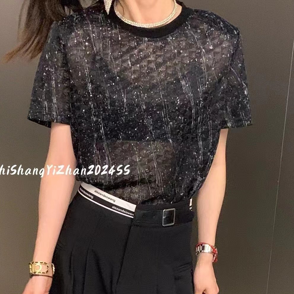 European Store Round Neck Bright Crystal Sumid T -shirt Female Short ...