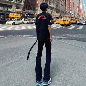 
Black slim-fit ribbon jeans for men, summer American high street vibe pants, cleanfit crotch lift pants