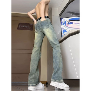 
Retro blue bootcut jeans for men, autumn and winter plus velvet and thickened American vibe style pants, slim narrow straight pants