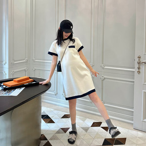 
LeoMami high-end maternity wear summer French style dress loose and belly-covering soft and waxy simple contrasting T-skirt