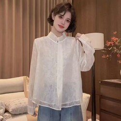 New Chinese-Style Jacquard Double-Layer Shirt for Women, Early Spring 2026 New Model, Lightweight and Elegant with Lace Collar, Super Pretty Top
