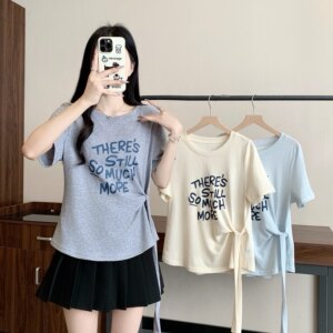 
Xiaojijia plus size women's summer fat mm letter printed round neck short-sleeved T-shirt side waist straps right shoulder top for women