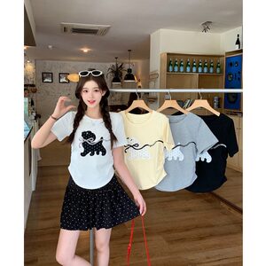 
Xiaojijia plus size women's summer puppy patch embroidered bow right shoulder short-sleeved T-shirt skirt two-piece set