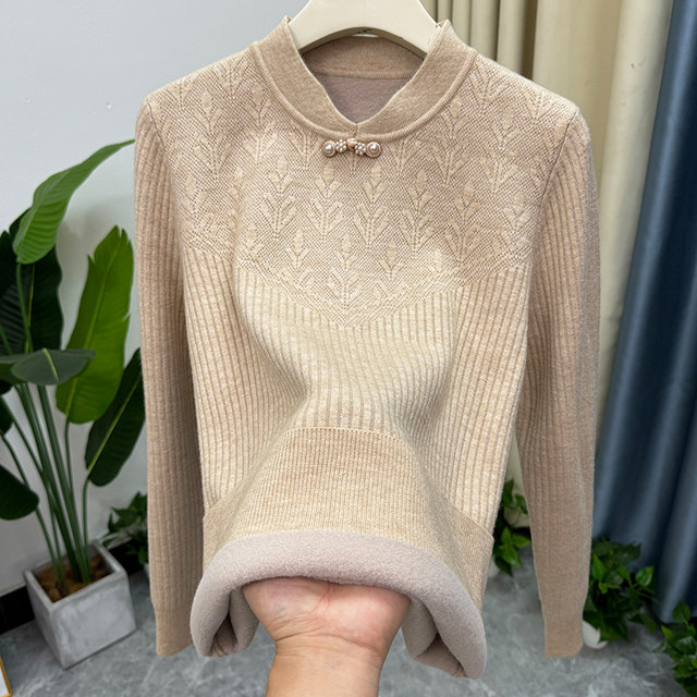 Mom's winter clothing fashionable velvet thickened bottoming shirt for middle-aged and elderly women around 50 years old warm sweater middle-aged top clothes