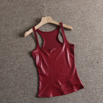 
ins European and American bloggers are pure and sexy sexy imitation patent leather slim square collar I-shaped base vest women