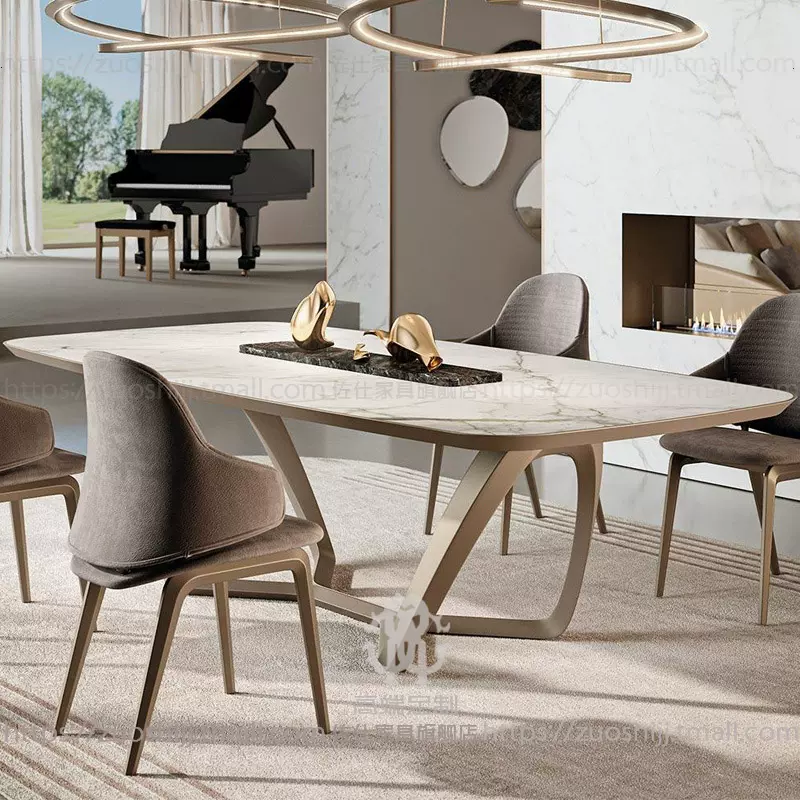 餐桌輕奢風六人魚肚白巖板餐桌港式風不鏽鋼底座人造