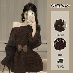 
Hollow pullover sweater top autumn and winter new style mid-length lazy one-line waist exposed sweater bow