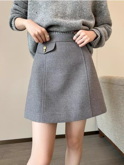 Gray high waist thin hair Model skirt women's autumn and winter A -line skirt temperament large size anti -free light skirt
