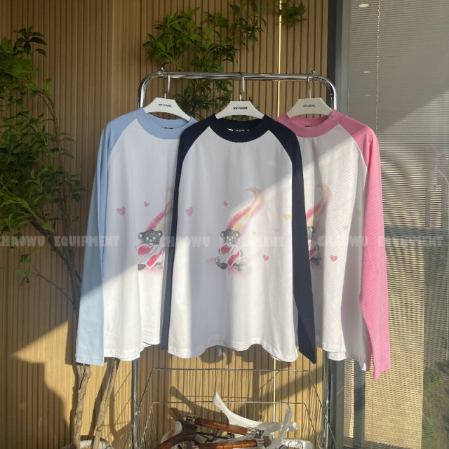 we11doneshark Song Zuer and Cecilia Cheung Pink Rainbow Love Bear Print Vagrant Sleeve Cartoon Long Sleeve T