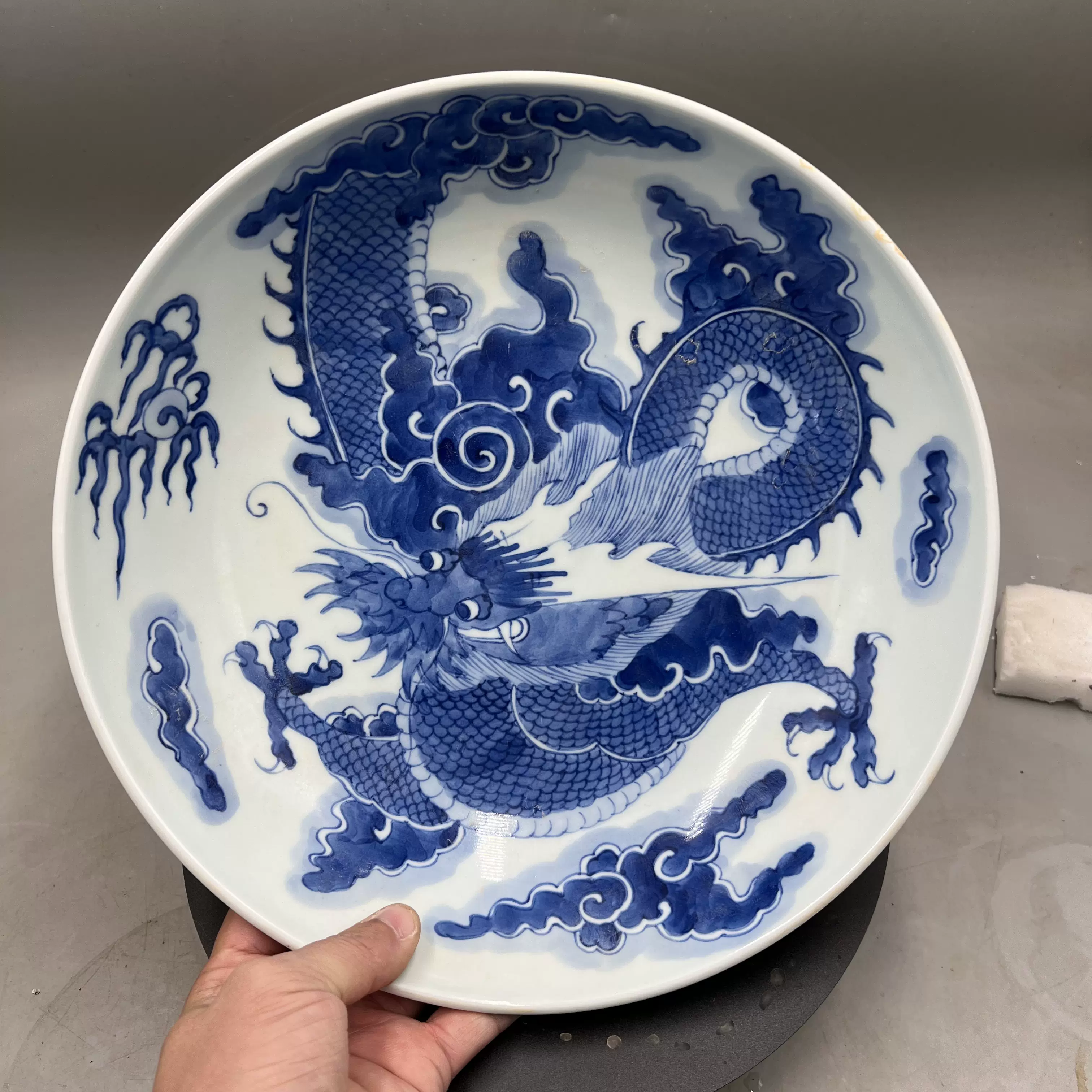 大清乾隆时期精品青花收藏过墙龙盘古董古玩老货旧货复古老物件