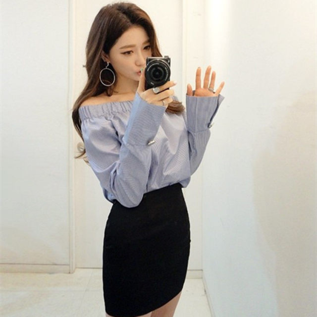 Korean sexy off-shoulder vertical striped one-length elastic shirt top for women buttons with micro trumpet slit sleeve shirt