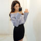 Korean sexy off-shoulder vertical striped one-length elastic shirt top for women buttons with micro trumpet slit sleeve shirt