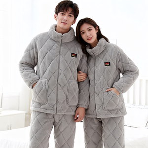 
Warm velvet quilted jacket, thickened coral velvet pajamas for men and women, winter three-layer quilted couple home clothes set