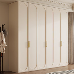 French-Style Cream-Colored Wardrobe with a Desk Integrated into It, Suitable for Small Bedrooms, Five or Six-Door Cabinet