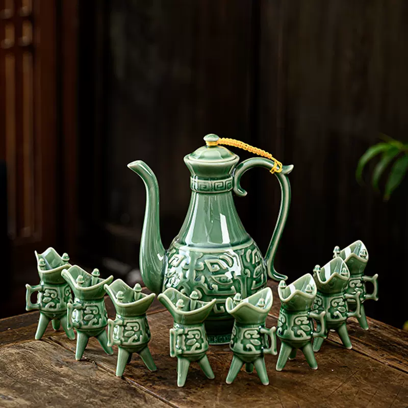 汝瓷绿釉高爵杯　酒器 爵杯 古玩 旧家収蔵 爵 陶芸　古美術品 爵杯陶瓷白酒杯高腳杯古代酒盅酒具組套仿古酒