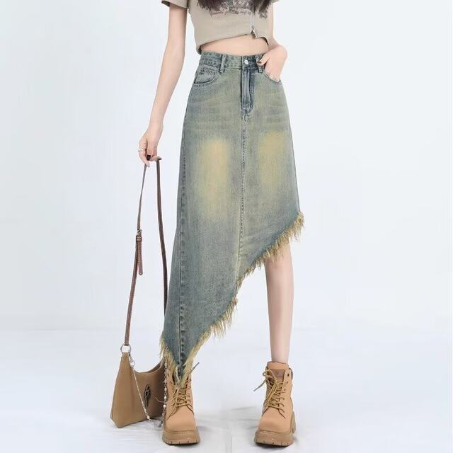 2024 new summer irregular furrowed denim skirt for women with old design versatile mid-length skirt