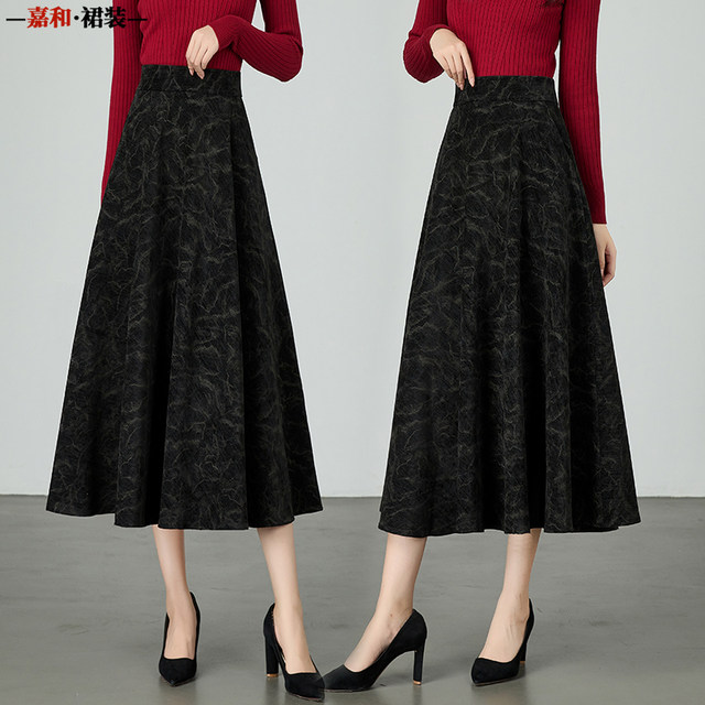 Autumn and winter new retro high-waisted skirt black ink print long skirt A-line skirt slim mid-length skirt
