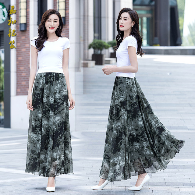 2025 new ink painting printed chiffon long skirt summer mid-length high-waisted beach fairy skirt
