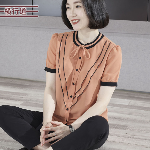 2025 summer new style simple temperament round neck contrasting bow loose short-sleeved chiffon shirt large size top for women