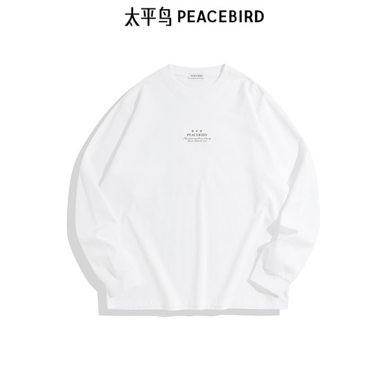 
PEACEBIRD Men's T-shirt Autumn Loose Round Neck Letter Long Sleeve Men's Solid Color Casual Versatile Printed Pullover Top