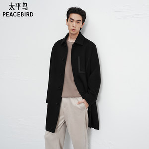 Peacebird Men's Wool Woolen Coat Men's Mid-Length Black Woolen Jacket Woolen Textured Woolen Woolen Jacket