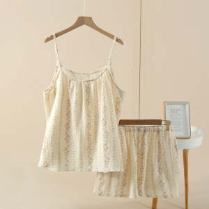 Summer pajamas female pure cotton double layer gauze floral sling shorts thin pure desire, home service soft two -piece set
