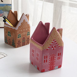 Annie Garden Foreign Trade Order Cute Christmas House-Shaped Ceramic Pen Holder Desktop Storage Decorative Ornament