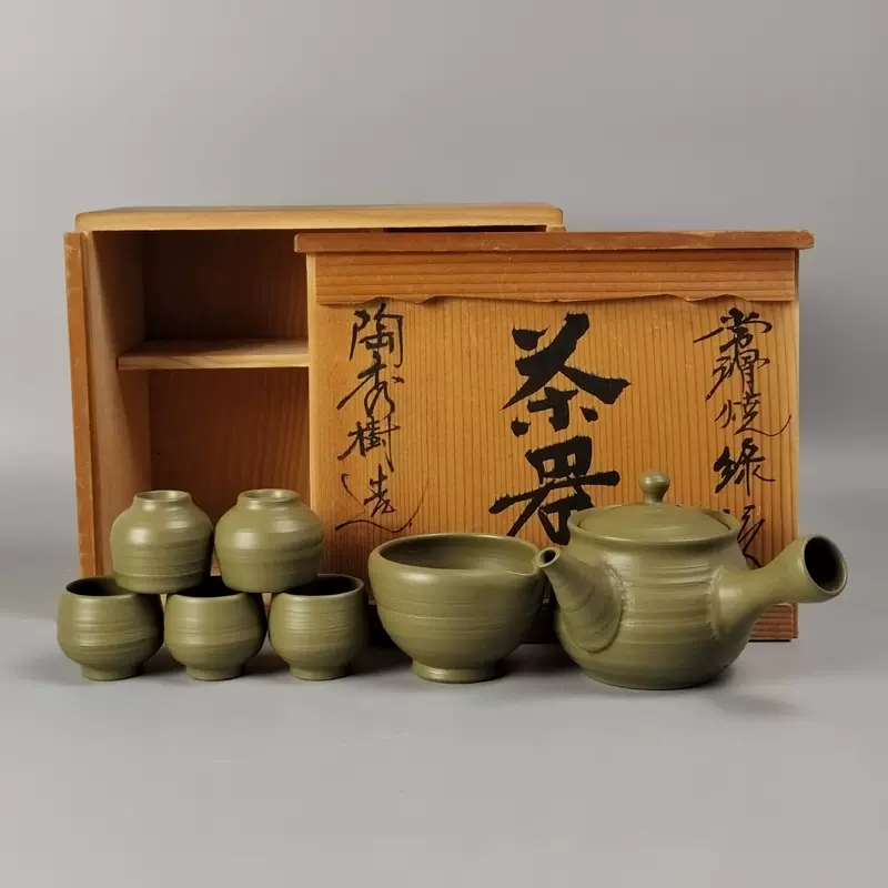 吉川秀树造绿泥日本常滑烧横手急须茶壶公道杯茶碗茶器茶具一套。-Taobao