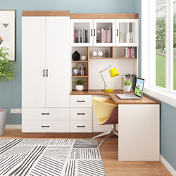 Corner Bookcase Computer Desk, Children's Desk with Integrated Wardrobe, Bookshelf Study Desk with Integrated Storage Cabinet