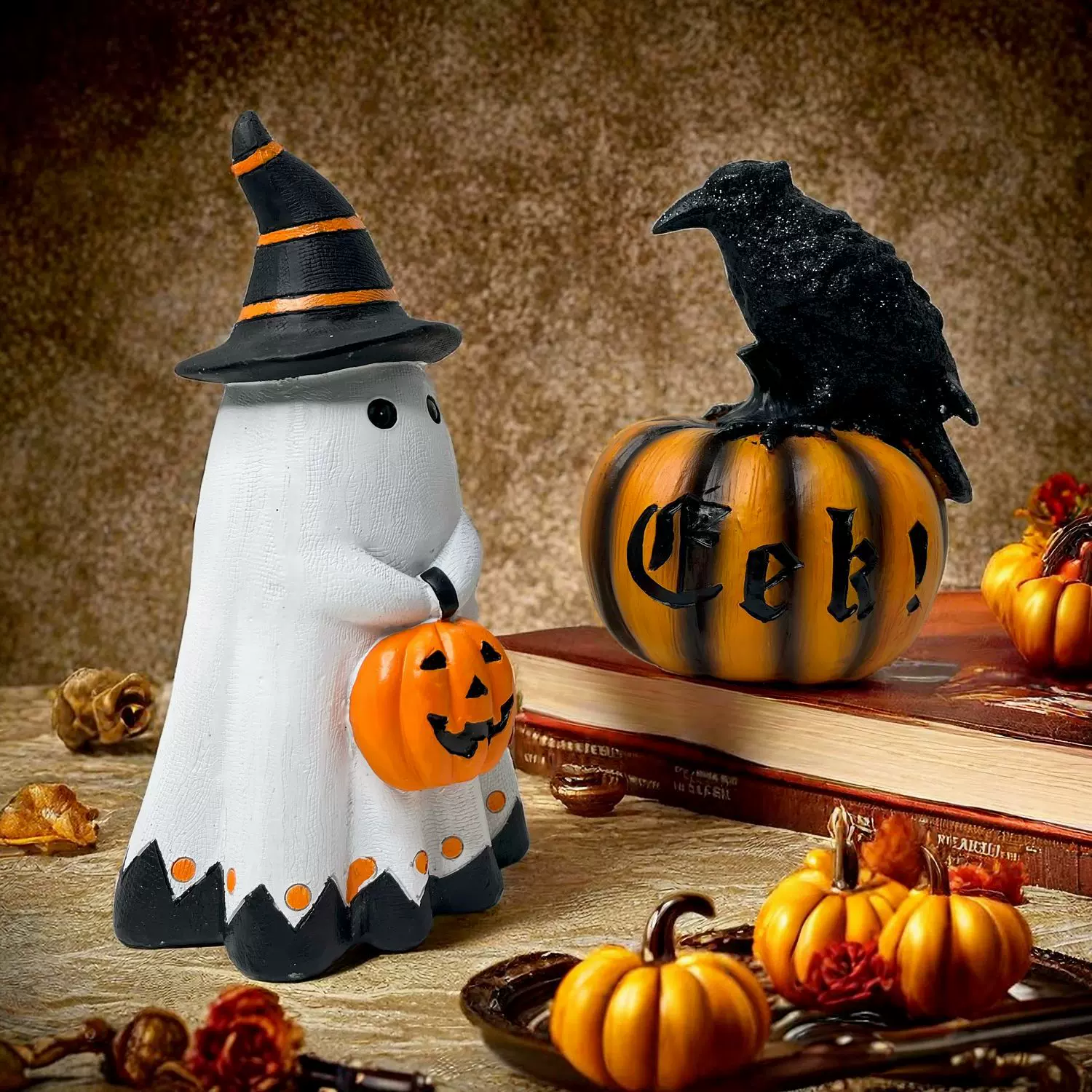 外贸万圣节幽灵骷髅摆件南瓜头装饰万圣节日逃脱密室氛围树脂摆设