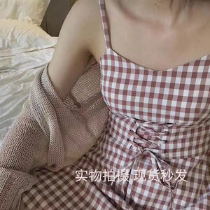 
FST2025 Summer French Plaid Suspender Skirt Women's High Waist Slim Short Dress Vacation Seaside Sweet Internet Celebrity