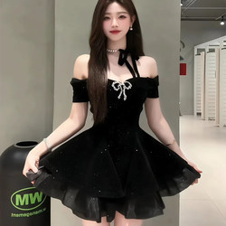 Syj/Shuyijia French-Style Black Dress for Slightly Chubby Women, Puffy Skirt, Waist-Cinching, Slimming Little Black Dress, Birthday Dress