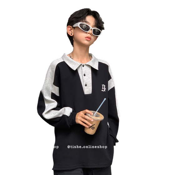 
Boys' long-sleeved T-shirt Polo shirt lapel spring and autumn new style medium and large children's spring hip-hop trendy tops boys spring wear 8